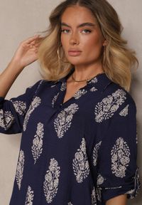 Renee - Granatowy Komplet Oversize w Stylu Rustykalnym Długa Koszula i Szerokie Spodnie Mepilara. Kolor: niebieski