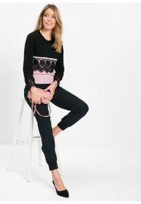 Sweter z koronkową wstawką bonprix czarno-pudrowy jasnoróżowy. Kolor: czarny. Materiał: materiał, wiskoza, poliamid #2