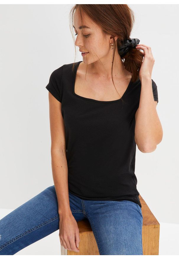 bonprix - T-shirt z krótkim rękawem i dekoltem karo. Typ kołnierza: dekolt w karo. Kolor: czarny. Długość rękawa: krótki rękaw. Długość: krótkie