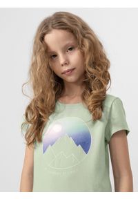 4f - T-shirt z nadrukiem dziewczęcy. Kolor: turkusowy. Materiał: dzianina, bawełna. Wzór: nadruk #2