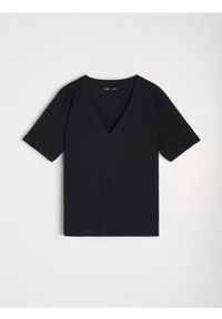 Sinsay - Bawełniana koszulka z dekoltem V - czarny. Kolor: czarny. Materiał: bawełna