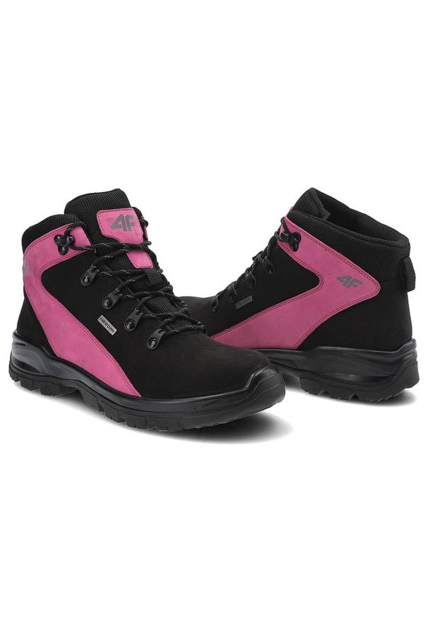 4f - Czarne Buty Trekkingowe 4F Damskie Wygodne Obuwie. Kolor: czarny, wielokolorowy, różowy. Materiał: nubuk, skóra, materiał. Szerokość cholewki: normalna. Obcas: na obcasie. Styl: sportowy. Wysokość obcasa: niski