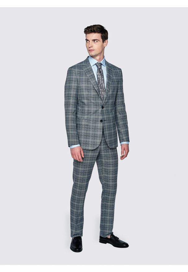 Pako Lorente - PAKO LORENTE – Szare spodnie garniturowe w granatową kratę. Kolor: wielokolorowy, niebieski, szary. Materiał: poliester, elastan, wiskoza