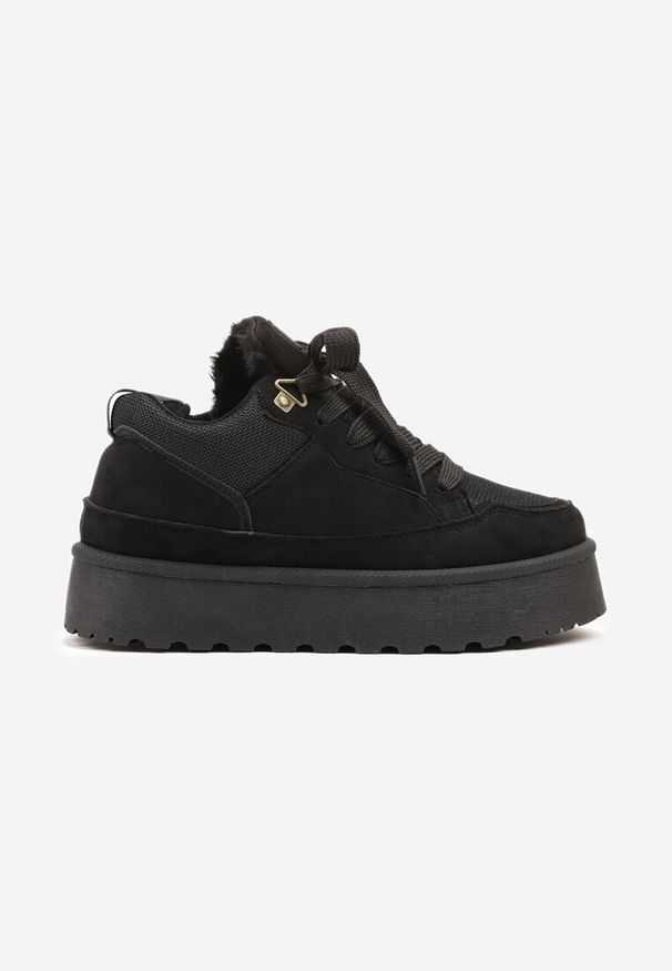 Born2be - Czarne Sznurowane Sneakersy Śniegowce na Grubej Podeszwie Vamitte. Okazja: na spacer, na co dzień. Kolor: czarny. Materiał: jeans, futro. Sport: turystyka piesza