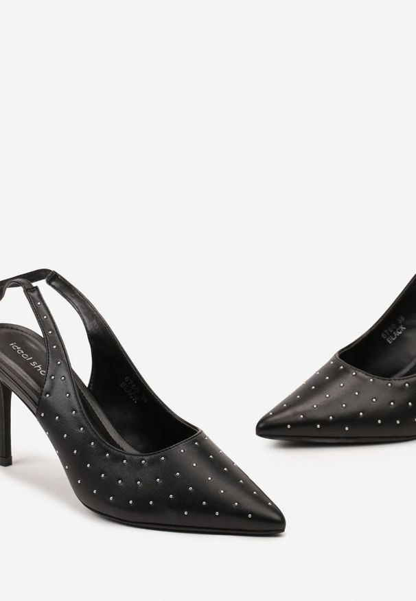 Born2be - Czarne Sandały z Ekoskóry z Kryształkami na Szpilce z Wiązaniem Vlegia. Kolor: czarny. Wzór: aplikacja. Obcas: na szpilce. Styl: elegancki