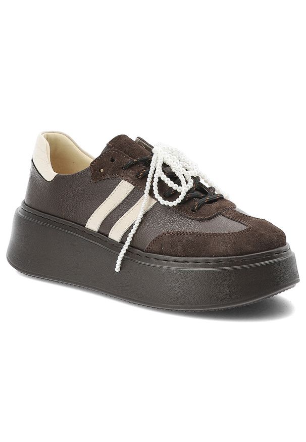 Czekoladowe Sneakersy Armodo Skórzane Buty Damskie. Kolor: brązowy. Materiał: skóra