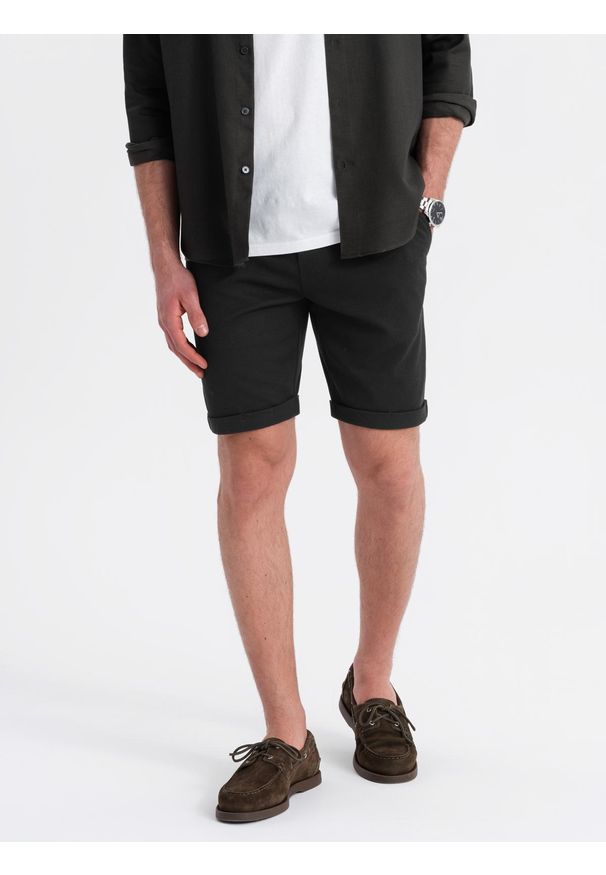 Ombre Clothing - Dzianinowe szorty męskie z podwiniętymi nogawkami – czarne V2 - Rozmiar: XL. Kolor: czarny. Materiał: dzianina. Wzór: jednolity. Styl: klasyczny