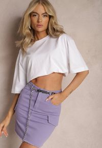 Renee - Jasnofioletowa Ołówkowa Spódnica Mini z Jeansu z Imitacją Kieszeni i Dodatkowym Paskiem Josaria. Okazja: na co dzień. Kolor: fioletowy. Materiał: jeans. Styl: casual