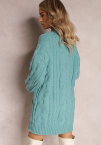 Renee - Miętowy Długi Sweter o Luźnym Kroju z Warkoczykowym Splotem Penerria. Kolor: miętowy. Długość: długie. Wzór: ze splotem