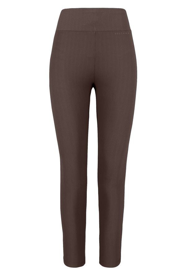 Volcano - Prążkowane legginsy N-LISBONA. Stan: podwyższony. Kolor: brązowy. Materiał: prążkowany. Wzór: napisy, prążki. Styl: sportowy