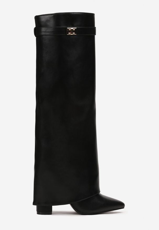 Renee - Czarne Eleganckie Kozaki z Wywiniętą Cholewką do Kolana na Słupku Lisapa. Kolor: czarny. Szerokość cholewki: normalna. Obcas: na słupku. Styl: elegancki