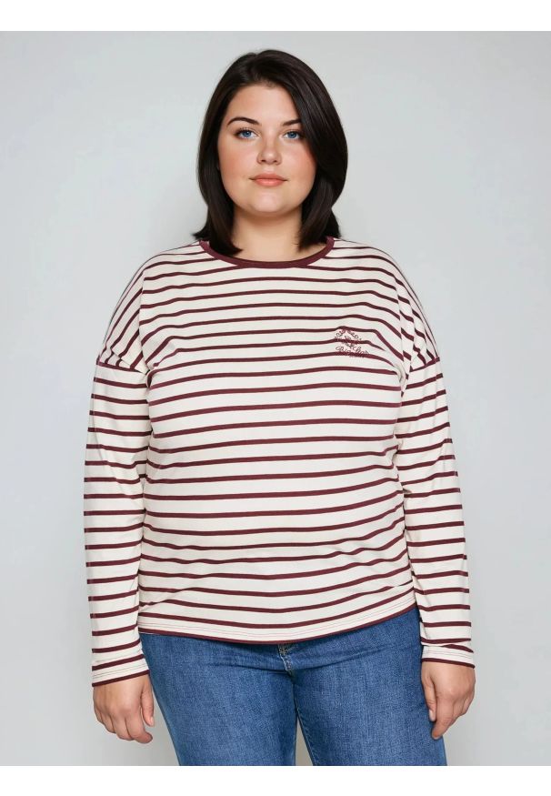 Big-Star - Bluzka damska w paski beżowo-bordowe Alerra 604. Okazja: na co dzień. Kolor: czerwony. Materiał: dzianina, jeans. Wzór: paski. Styl: casual, klasyczny