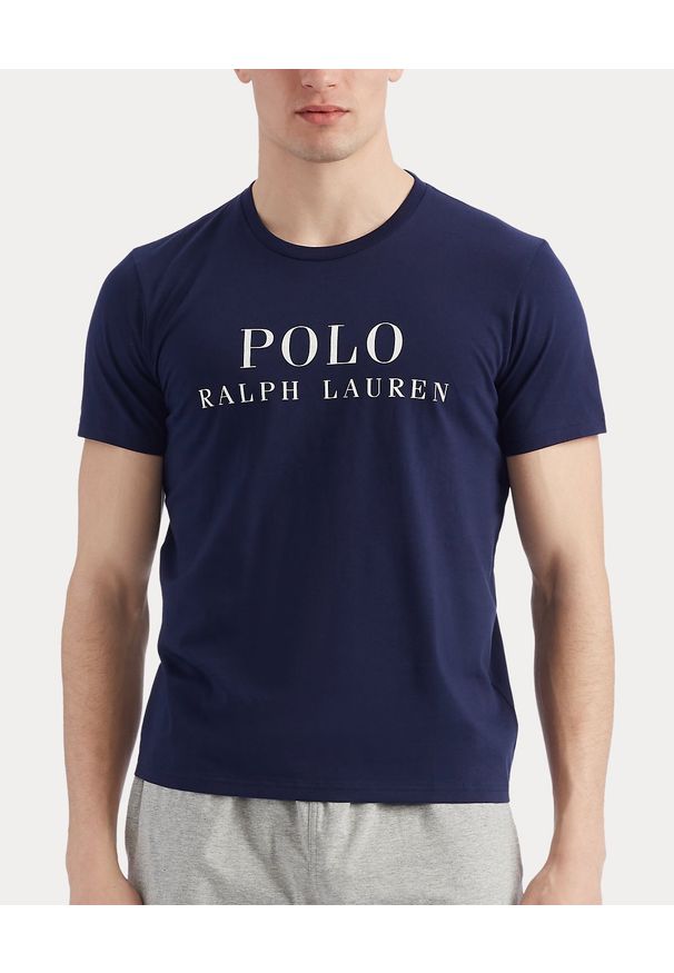 Ralph Lauren - RALPH LAUREN - Granatowy t-shirt z logo. Typ kołnierza: polo. Kolor: niebieski. Materiał: bawełna. Wzór: nadruk