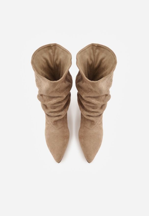 Renee - Ciemnobeżowe Botki na Szpilce Typu Slouchy Anitai. Kolor: beżowy. Materiał: jeans. Obcas: na szpilce