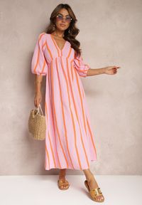 Renee - Różowo-Pomarańczowa Bawełniana Sukienka w Paski o Rozkloszowanym Kroju Legelia. Kolor: różowy. Materiał: bawełna. Wzór: paski. Typ sukienki: rozkloszowane #5