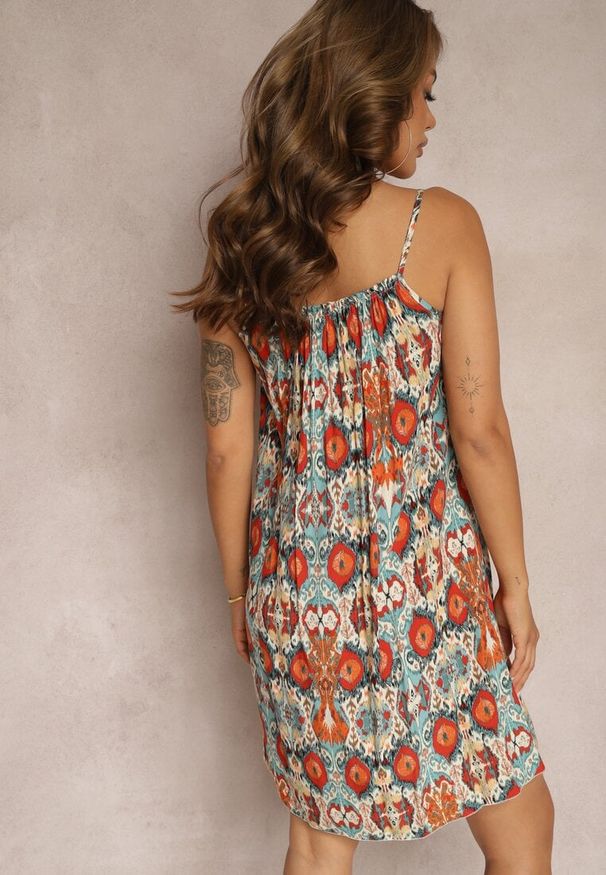 Renee - Pomarańczowo-Niebieska Rozkloszowana Sukienka z Bawełny na Ramiączkach Tessadra. Okazja: na co dzień. Kolor: pomarańczowy. Materiał: bawełna. Długość rękawa: na ramiączkach. Styl: casual