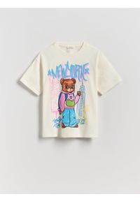 Reserved - Bawełniany t-shirt z nadrukiem - złamana biel. Materiał: bawełna. Wzór: nadruk