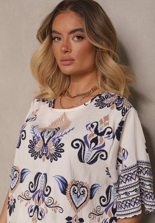 Renee - Niebieski Wiskozowy Komplet w Orientalny Print Szerokie Spodnie i T-shirt Pollialia. Kolor: niebieski. Materiał: wiskoza. Wzór: nadruk