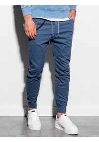 Ombre Clothing - Spodnie męskie materiałowe JOGGERY z ozdobnym sznurkiem - niebieskie V10 P908 - XXL. Kolor: niebieski. Materiał: materiał #4