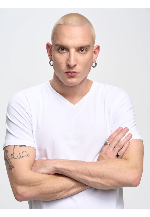 Big-Star - Koszulka męska v-neck z bawełny supima biała Supiclassicov 101. Typ kołnierza: dekolt w serek. Kolor: biały. Materiał: bawełna. Długość: długie