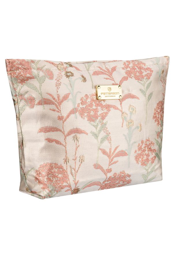 Kosmetyczka z materiału syntetycznego w różowo-beżowym kolorze zdobiona kwiatami - Peterson. Kolor: różowy, beżowy, wielokolorowy. Materiał: syntetyk, materiał. Wzór: aplikacja, kwiaty