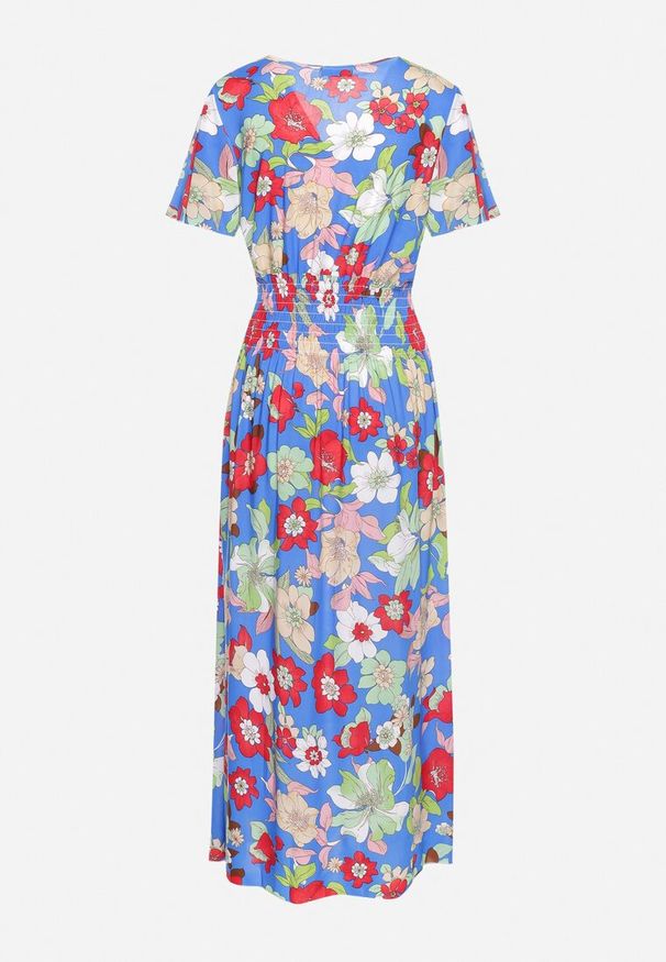 Born2be - Niebieska Sukienka w Kwiaty z Kopertowym Dekoltem i Gumkami w Pasie Lomanda. Okazja: na co dzień, na spacer. Typ kołnierza: dekolt kopertowy. Kolor: niebieski. Wzór: kwiaty. Sezon: lato. Typ sukienki: kopertowe. Styl: elegancki, klasyczny, casual. Długość: midi