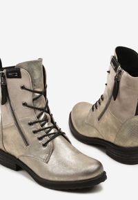 Born2be - Szaro-Złote Botki Workery ze Sznurowaniem i Zapięciem na Suwak Vemida. Okazja: na co dzień. Zapięcie: sznurówki. Kolor: szary. Materiał: jeans. Obcas: na obcasie. Styl: klasyczny, casual, elegancki. Wysokość obcasa: niski #3