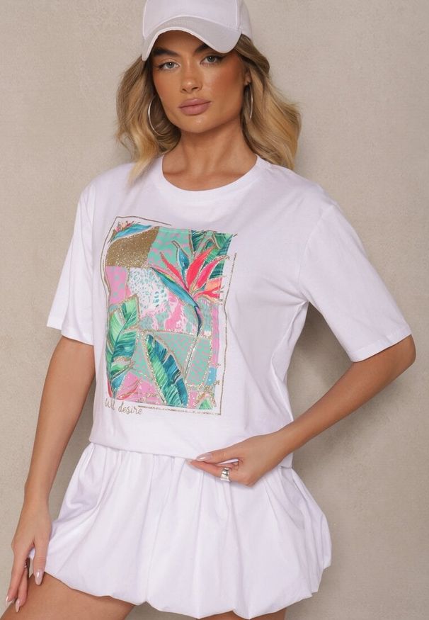 Renee - Biały T-shirt z Bawełny Ozdobiony Brokatem Isadelle. Okazja: na co dzień. Kolor: biały. Materiał: bawełna. Wzór: aplikacja. Styl: klasyczny, casual