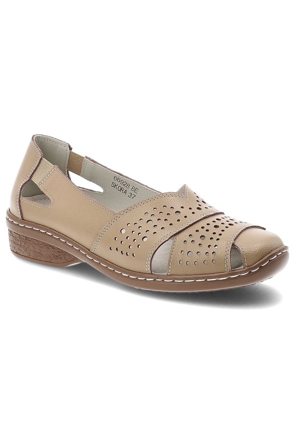 Półbuty damskie Vinceza, cholewka ze skóry naturalnej licowej z perforacją z szerokimi paskami wsuwane na płaskiej podeszwie, beżowe, 66928. Zapięcie: bez zapięcia. Kolor: beżowy. Materiał: skóra. Szerokość cholewki: normalna. Obcas: na płaskiej podeszwie