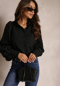 Renee - Czarna Koszula z Bufiastymi Rękawami i Tkaniny Plumeti Nuberta. Kolor: czarny. Materiał: tkanina #5