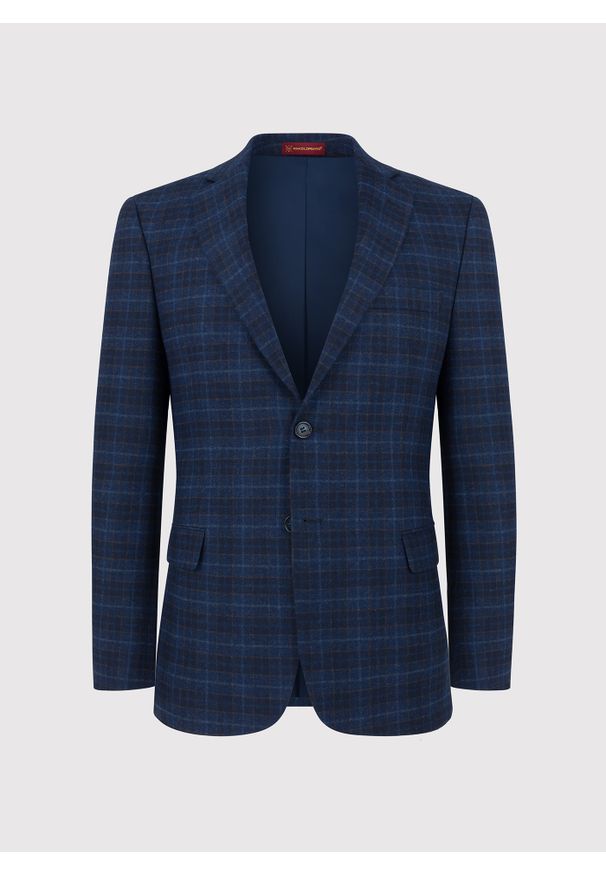 Pako Lorente - PAKO LORENTE – Granatowa marynarka w drobną kratkę. Okazja: na co dzień. Kolor: niebieski. Materiał: wełna, poliester, elastan. Wzór: kratka. Styl: casual