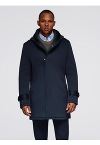 Ombre Clothing - Minimalistyczny płaszcz męski średniej długości z kapturem - granatowy V5 - Rozmiar: XXL. Okazja: na co dzień. Typ kołnierza: kaptur. Kolor: niebieski. Materiał: dzianina, poliester, materiał. Wzór: gładki. Styl: casual, elegancki #1