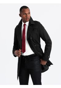 Ombre Clothing - Elegancki płaszcz męski trencz SLIM FIT z paskiem – czarny V2. Kolor: czarny. Materiał: tkanina, poliester, materiał. Wzór: gładki. Styl: elegancki
