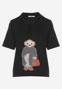 Born2be - Czarny Wiskozowy T-shirt z Naszywką Misia i Guzikami przy Dekolcie Callidora. Okazja: do pracy, na co dzień. Kolor: czarny. Materiał: wiskoza. Wzór: aplikacja. Styl: sportowy, casual, wizytowy, elegancki #5