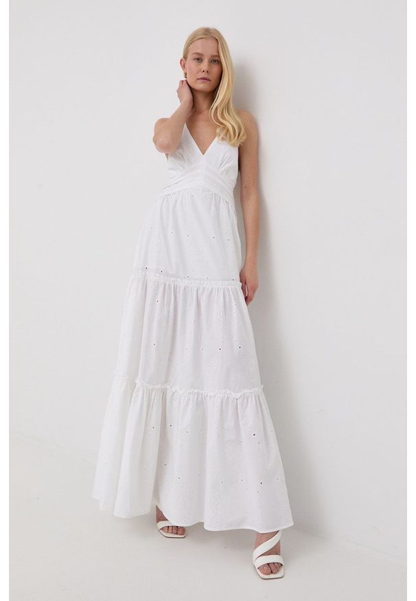 Pinko sukienka bawełniana kolor biały maxi rozkloszowana. Kolor: biały. Materiał: bawełna. Wzór: haft. Długość: maxi