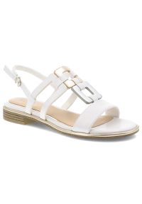 Białe Sandały Marco Tozzi Eleganckie Buty Damskie. Okazja: na co dzień, na spacer. Kolor: biały. Materiał: skóra. Wzór: geometria, aplikacja. Sezon: lato. Obcas: na obcasie. Styl: elegancki. Wysokość obcasa: średni