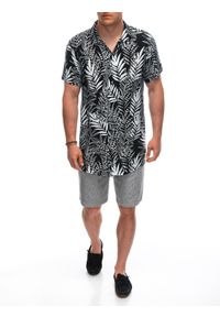 Ombre Clothing - Wiskozowa wzorzysta męska koszula z krótkim rękawem OM-SHPS-0113 - czarna/biała. Okazja: na co dzień. Kolor: czarny. Materiał: wiskoza. Długość rękawa: krótki rękaw. Długość: krótkie. Wzór: gładki, kolorowy. Styl: klasyczny, wakacyjny, casual #3