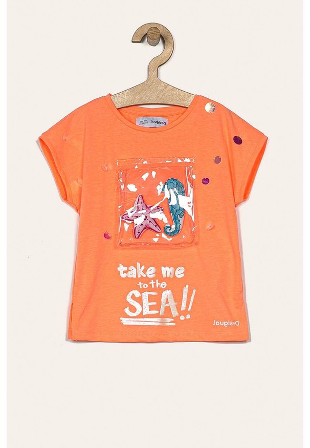 Desigual - T-shirt dziecięcy 104-164 cm. Okazja: na co dzień. Kolor: pomarańczowy. Materiał: bawełna, poliester, dzianina. Wzór: aplikacja. Styl: casual