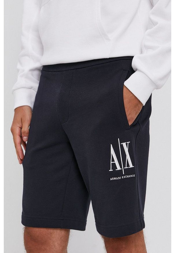 Armani Exchange Szorty męskie kolor granatowy. Okazja: na co dzień. Kolor: niebieski. Materiał: dzianina. Wzór: nadruk. Styl: casual