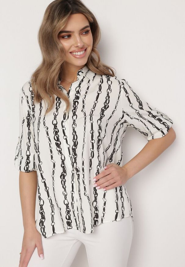 Born2be - Biała Koszula z Bawełny i Wiskozy w Łańcuszkowy Wzór Zirenia. Okazja: na co dzień. Typ kołnierza: kołnierzyk klasyczny. Kolor: biały. Materiał: wiskoza, bawełna. Długość rękawa: długi rękaw. Długość: długie. Wzór: aplikacja. Styl: elegancki, casual, klasyczny