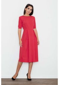 Figl - Czerwona Sukienka Elegancka Wizytowa Midi. Kolor: czerwony. Materiał: poliester, wiskoza. Styl: elegancki, wizytowy. Długość: midi