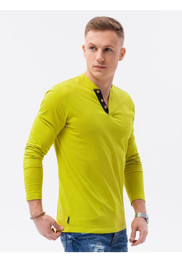 Ombre Clothing - Longsleeve męski z guzikami - limonkowy V5 L133 - XL. Materiał: bawełna, poliester. Długość rękawa: długi rękaw