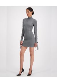 HERVE LEGER - Szara sukienka z wiązaniem. Kolor: szary. Materiał: tkanina. Długość rękawa: długi rękaw. Wzór: prążki. Długość: mini