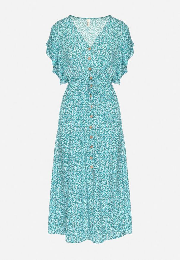 Born2be - Zielona Bawełniana Sukienka Rozkloszowana w Cętki z Ozdobnymi Guzikami Alulune. Okazja: na co dzień. Typ kołnierza: dekolt w kształcie V. Kolor: zielony. Materiał: bawełna. Długość rękawa: krótki rękaw. Styl: casual, elegancki