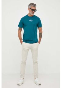 Calvin Klein Jeans t-shirt bawełniany kolor turkusowy z nadrukiem. Kolor: turkusowy. Materiał: bawełna. Wzór: nadruk. Styl: klasyczny #2