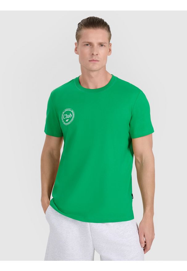 4f - 4F T-shirt regular z nadrukiem męski - zielony L. Okazja: na co dzień. Kolor: zielony. Materiał: jersey, materiał, bawełna. Długość rękawa: krótki rękaw. Długość: krótkie. Wzór: nadruk. Styl: sportowy, klasyczny, casual