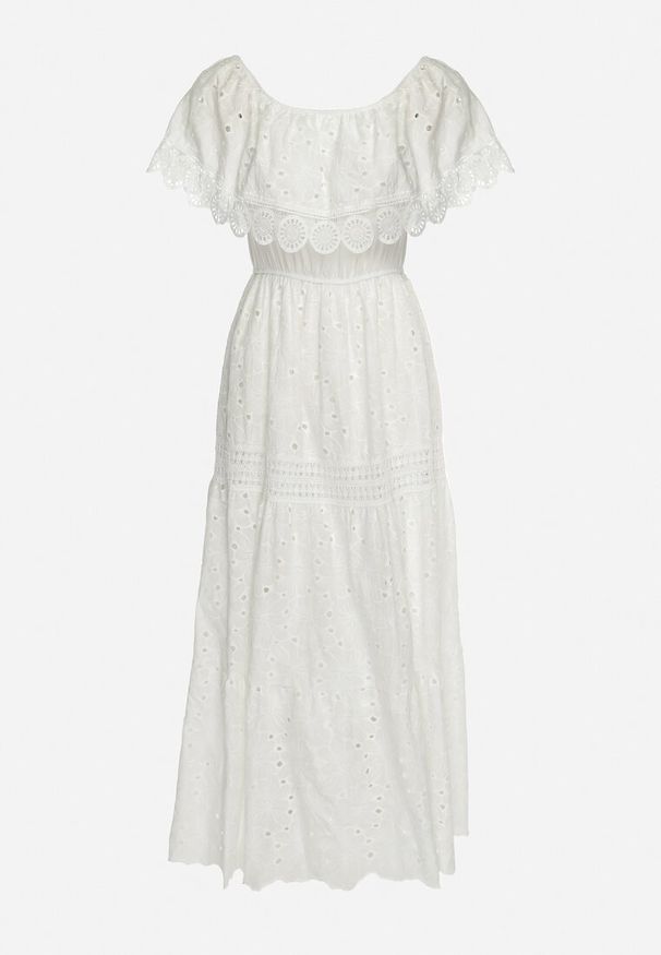 Born2be - Biała Ażurowa Sukienka Hiszpanka Maxi z Bawełny Ozdobiona Koronką Bimiosa. Typ kołnierza: dekolt hiszpanka. Kolor: biały. Materiał: koronka, bawełna. Wzór: koronka, aplikacja, ażurowy. Długość: maxi