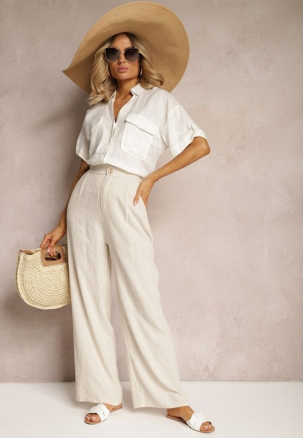Renee - Jasnobeżowe Spodnie z Szerokimi Prostymi Nogawkami High Waist z Lnem Amivesa. Okazja: do pracy, na spotkanie biznesowe. Stan: podwyższony. Kolor: beżowy. Materiał: len. Styl: biznesowy