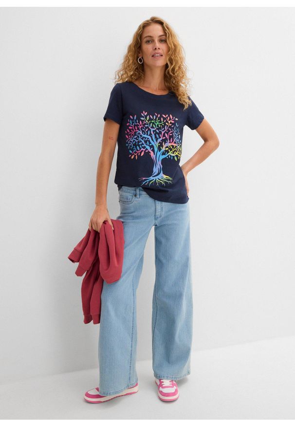 bonprix - T-shirt z nadrukiem z bawełny organicznej. Kolor: niebieski. Materiał: bawełna. Wzór: nadruk