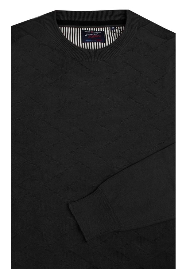 Bawełniany Sweter Męski - Pako Jeans - Czarny z Fakturą Materiału. Kolor: czarny. Materiał: bawełna. Sezon: jesień, zima, wiosna. Styl: klasyczny, elegancki